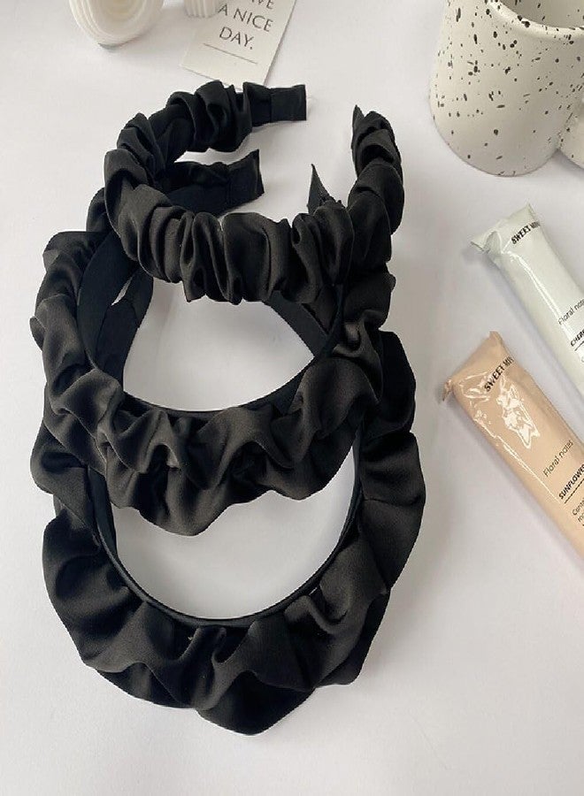 AIBFRID Black Ruffle Headbands for Women, Wide Non Slip Fashion Headband Elastic Cute Head Band Satin Silky Solid Hair Bands Trendy Hair Accessories for Women Girls 3PCS - Image 5